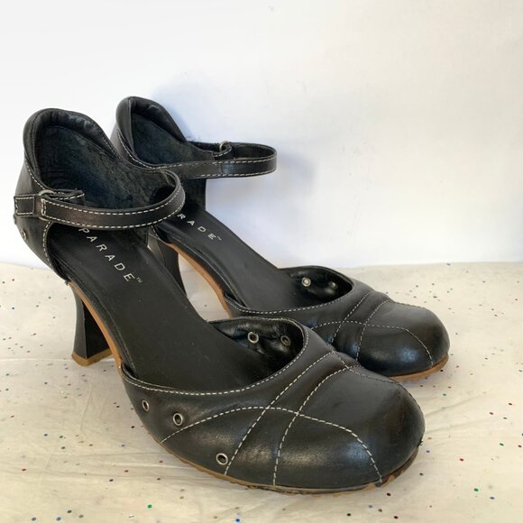 Parade VTG Y2K Black Leather Mary Jane d'Orsay Heels White Contrast Stitching 9 - Picture 2 of 16